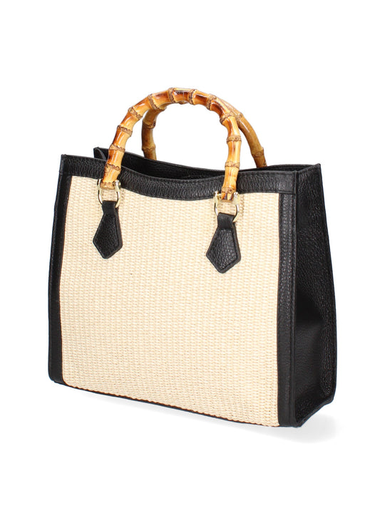 Damenhandtasche aus Leder- und Stoffmix